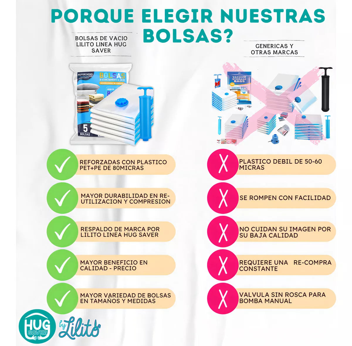 Airbag™ COMBO X 5 BOLSAS AL VACÍO RE-UTILIZABLES + BOMBA DE AIRE