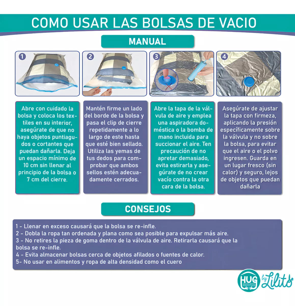 Airbag™ COMBO X 5 BOLSAS AL VACÍO RE-UTILIZABLES + BOMBA DE AIRE